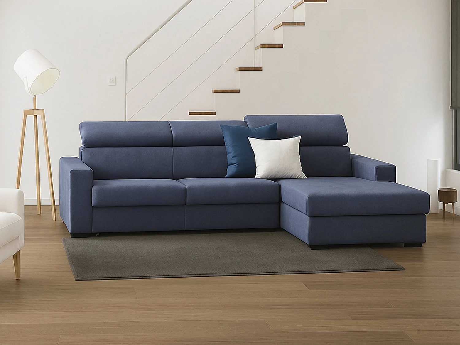 Divano fisso con penisola in tessuto blu 280x95h85 cm