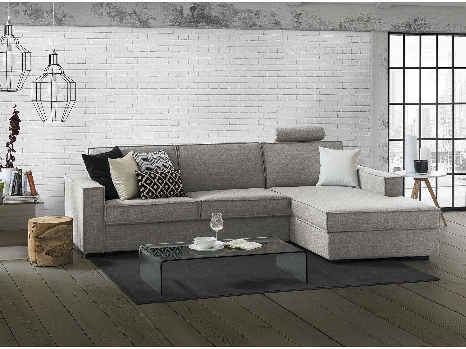 Dgodea vaste bank, Hoekbank, 100% Made in Italy, Woonkamerbank met containerschiereiland rechts, met slanke armleuningen, 260x95h90 cm, Grijs