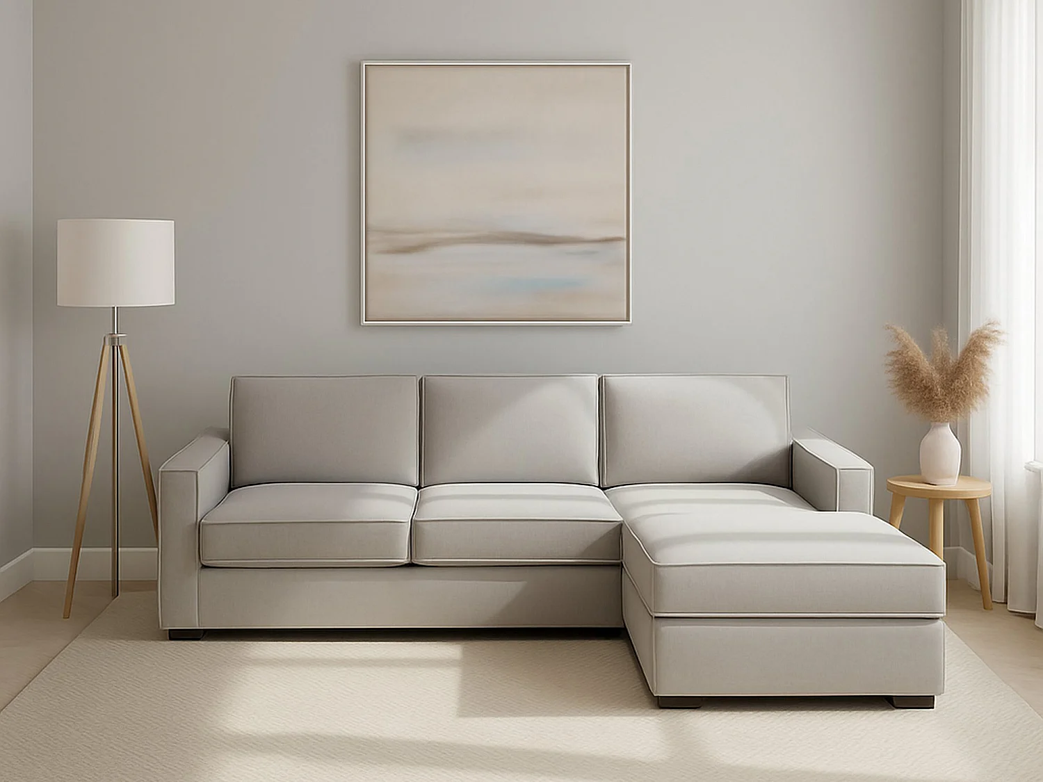 Canapé fixe Dgodea, Canapé d'angle, 100% Made in Italy, Canapé de salon avec péninsule conteneur droite, avec accoudoirs fins, 260x95h90 cm, Gris