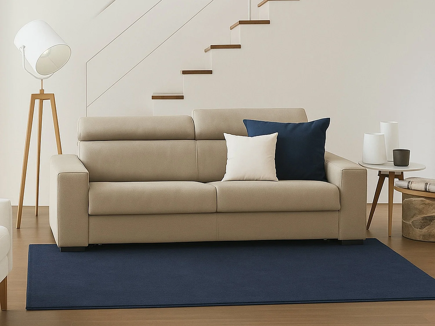 Canapé fixe Dmicel, canapé 3 places, 100% Made in Italy, Canapé de salon, en tissu rembourré, avec appuie-tête réglables et accoudoirs fins, 200x95h85 cm, Beige