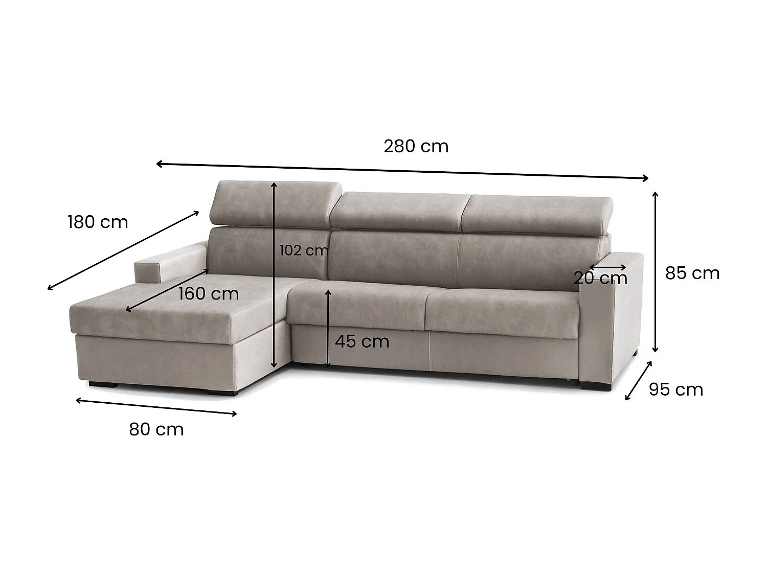 Dmora - Canapé fixe avec péninsule Akela, 280x95xh85 cm, gris tourterelle, Bois, Panneau effet bois et Polyester