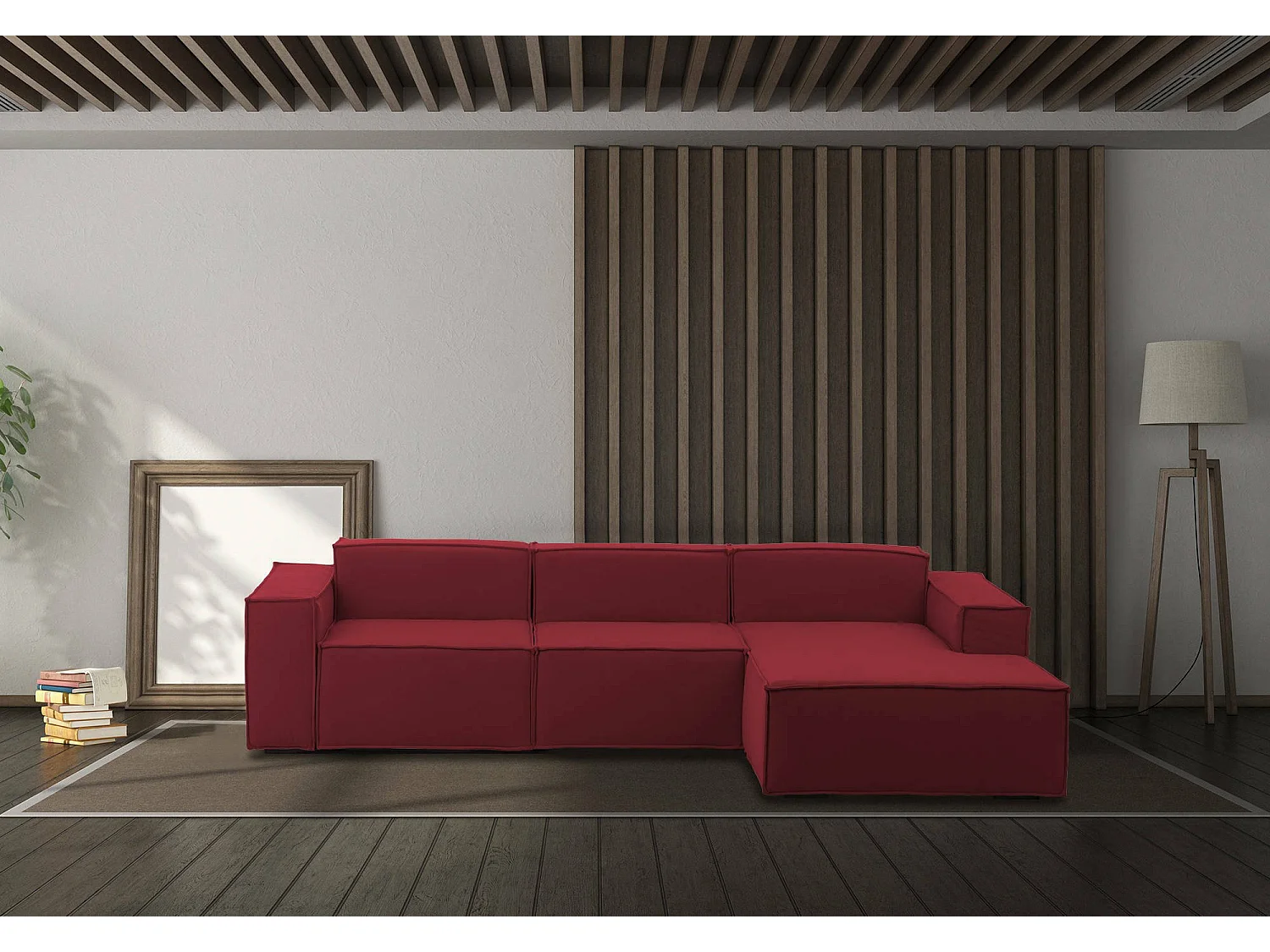 Canapé fixe Ddzek, canapé modulable 3 places avec péninsule droite, 100% Made in Italy, Canapé moderne en tissu, 300x170h70 cm, Rouge