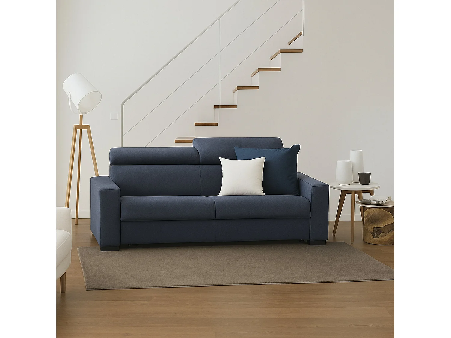 Canapé fixe Dfrar, canapé 3 places, 100% Made in Italy, Canapé de salon, en tissu rembourré, avec appuie-tête réglables et accoudoirs standards, 220x95h85 cm, Bleu