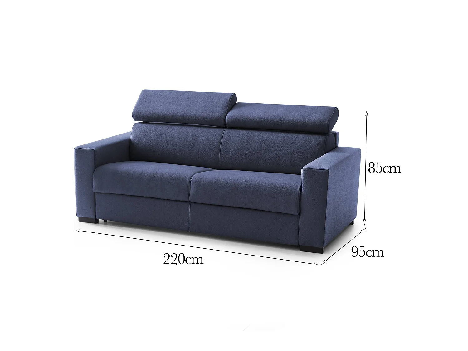 Canapé fixe Dfrar, canapé 3 places, 100% Made in Italy, Canapé de salon, en tissu rembourré, avec appuie-tête réglables et accoudoirs standards, 220x95h85 cm, Bleu