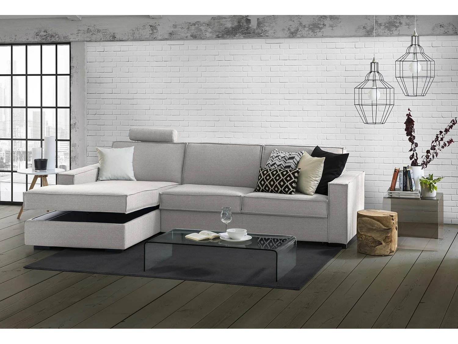 Dlovis vaste bank, Hoekbank, 100% Made in Italy, Woonkamerbank met containerschiereiland links, met slanke armleuningen, 260x95h90 cm, Grijs