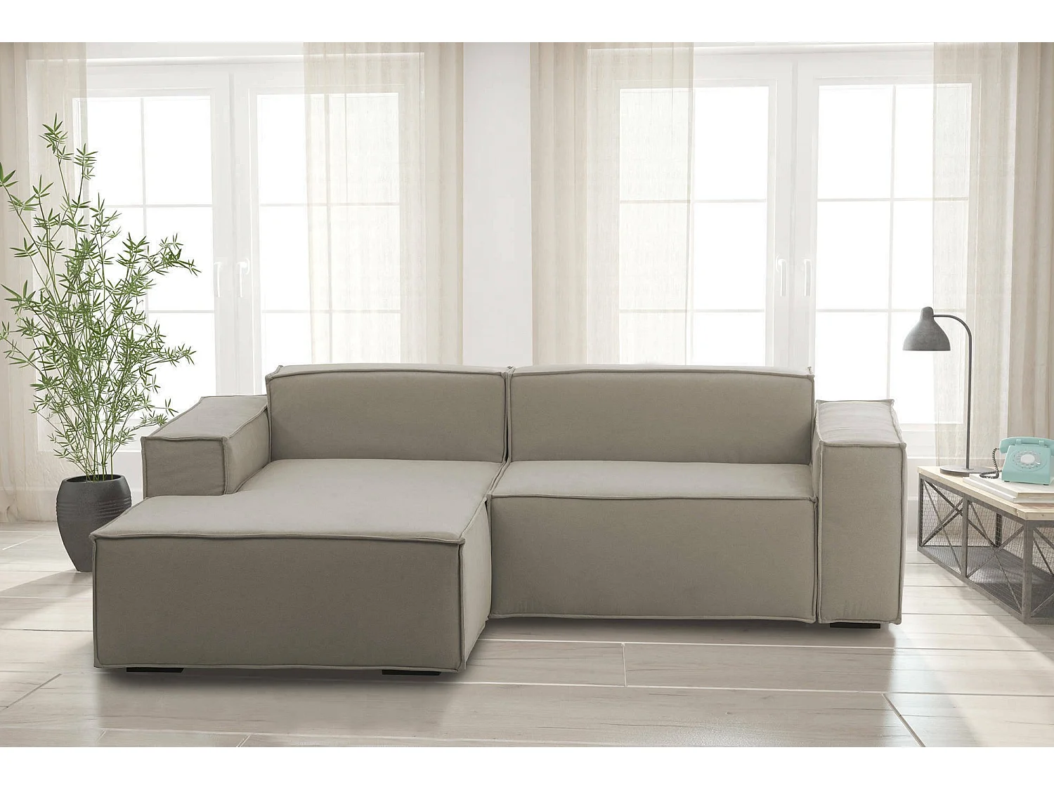 Canapé fixe Dkivil, canapé modulable 2 places avec péninsule gauche, 100% Made in Italy, Canapé moderne en tissu, 220x170h70 cm, Taupe