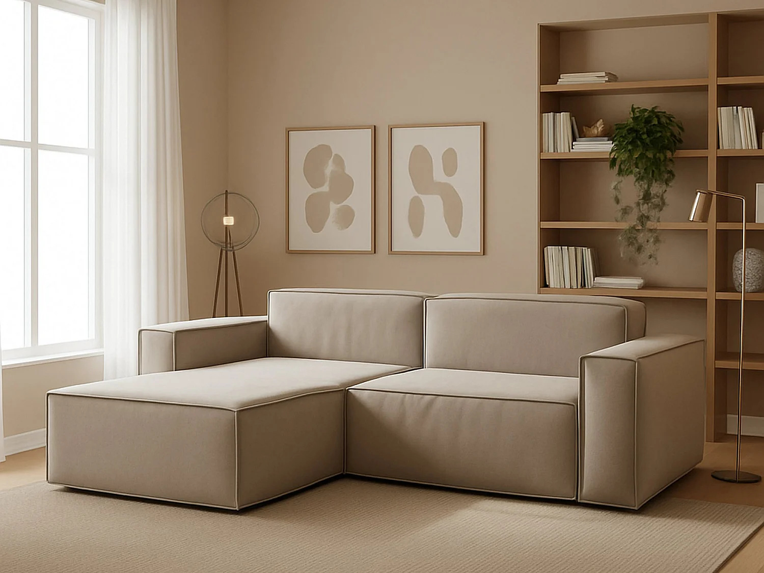 Canapé fixe Dkivil, canapé modulable 2 places avec péninsule gauche, 100% Made in Italy, Canapé moderne en tissu, 220x170h70 cm, Taupe