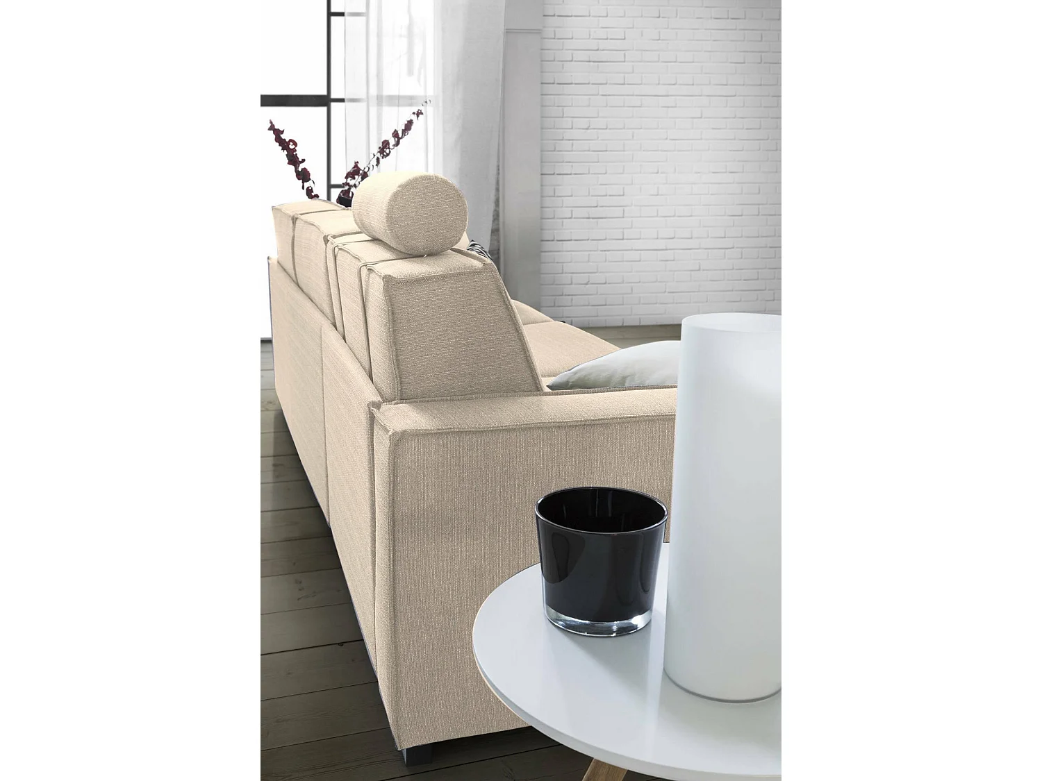 Canapé fixe Dfabbia, Canapé d'angle, 100% Made in Italy, Canapé de salon avec péninsule conteneur gauche, avec accoudoirs standards, 280x95h90 cm, Beige