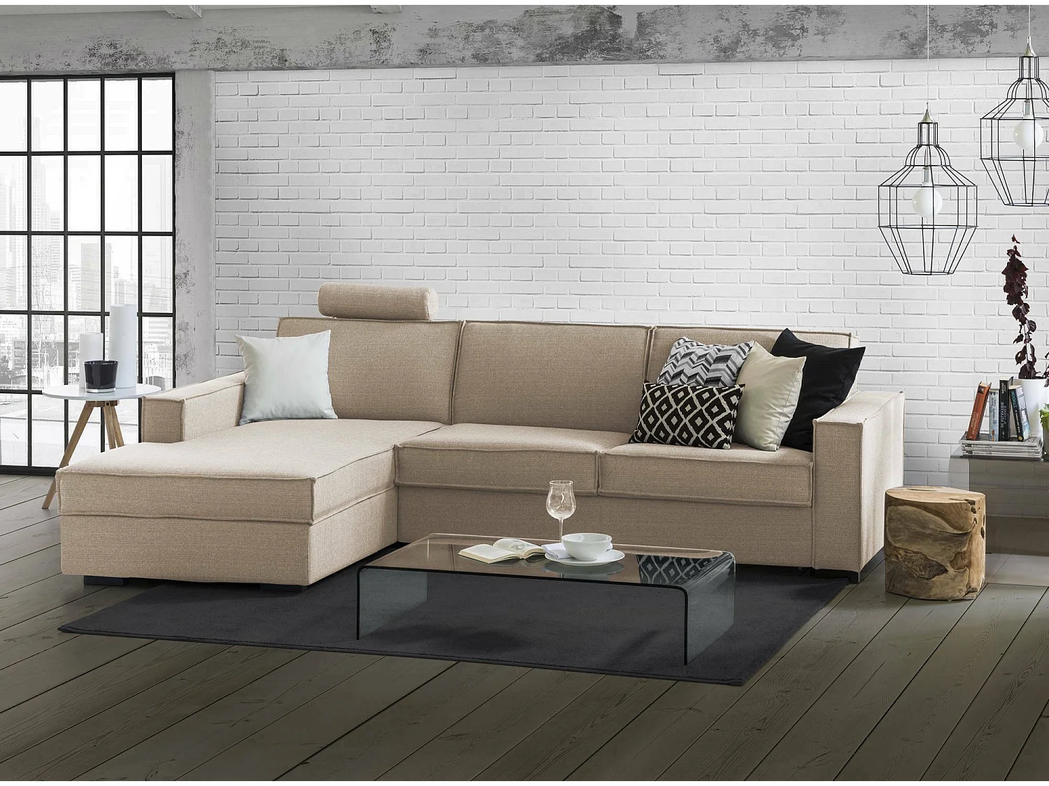 Sofá fixo Dfabbia, Sofá de canto, 100% Fabricado na Itália, Sofá da sala com, Península esquerda, com braços padrão, Cm 280x95h90, Bege