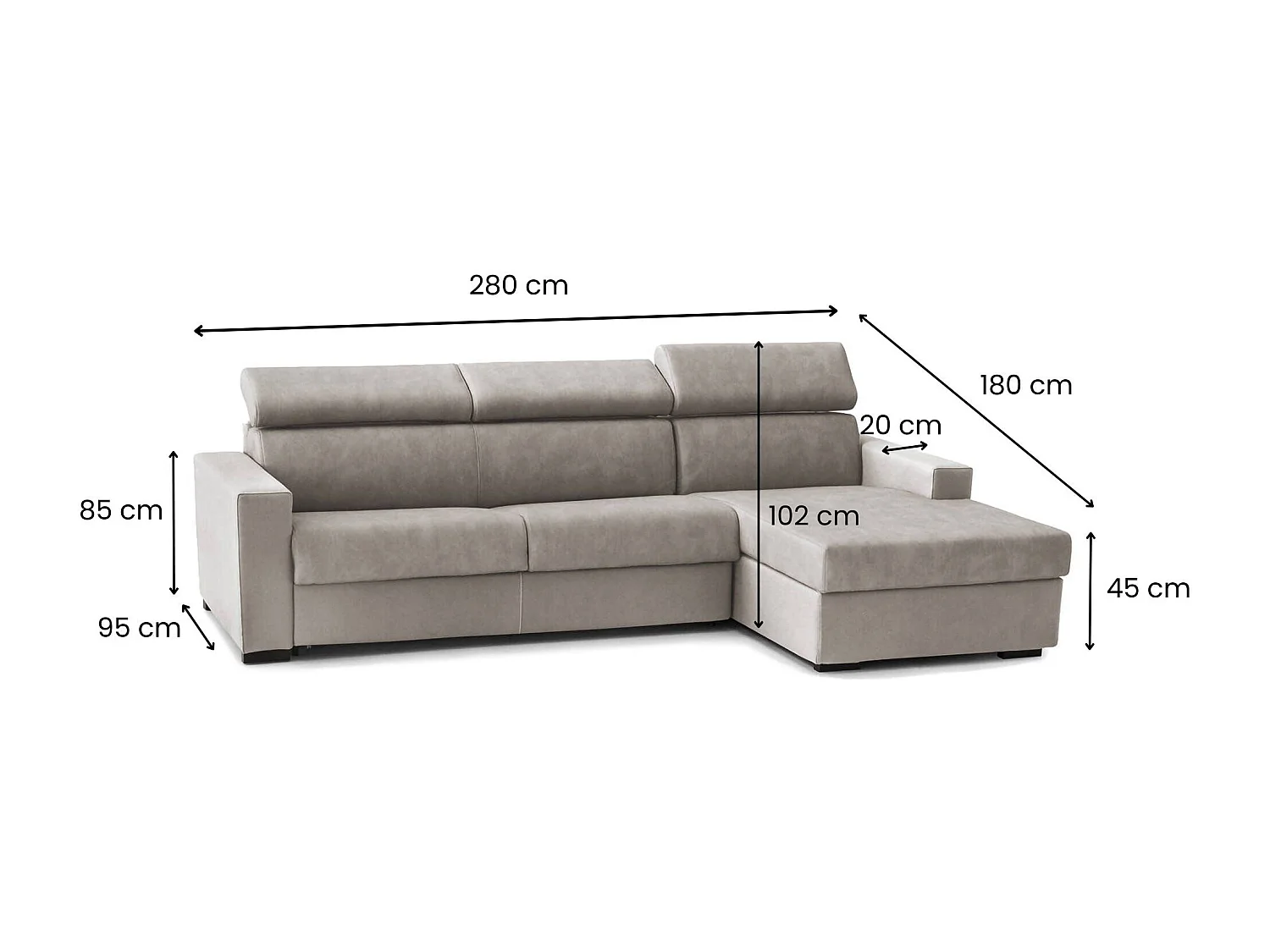 Divano Fisso con Penisola Grigio Tortora 95x280 cm