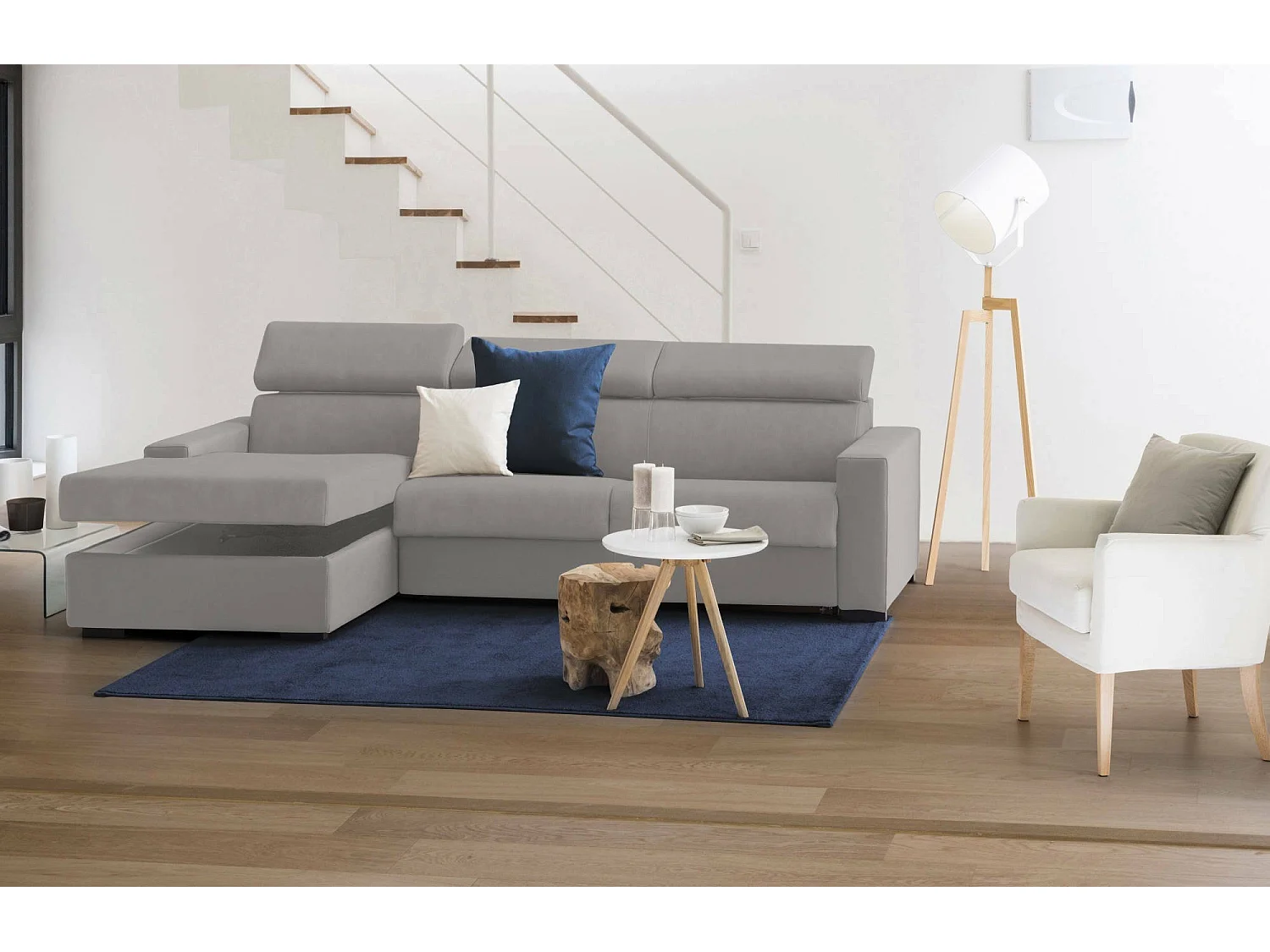 Sofá fijo con península Akela, Sofá esquinero con chaise longue izquierdo de tela, Reposabrazos estándar, 100% Made in Italy, 280x95h85 cm, Gris