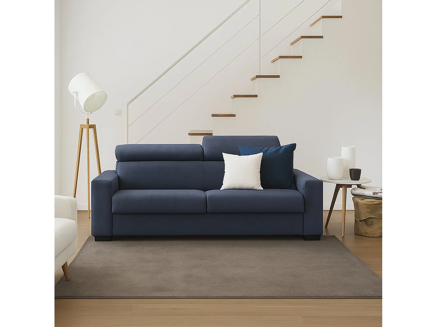 Canapé fixe Diannon, Grand Canapé 2 places, 100% Made in Italy, Canapé Salon, en tissu matelassé, avec appuis-tête réglables et accoudoirs fins, Cm 180x95h85, Bleu