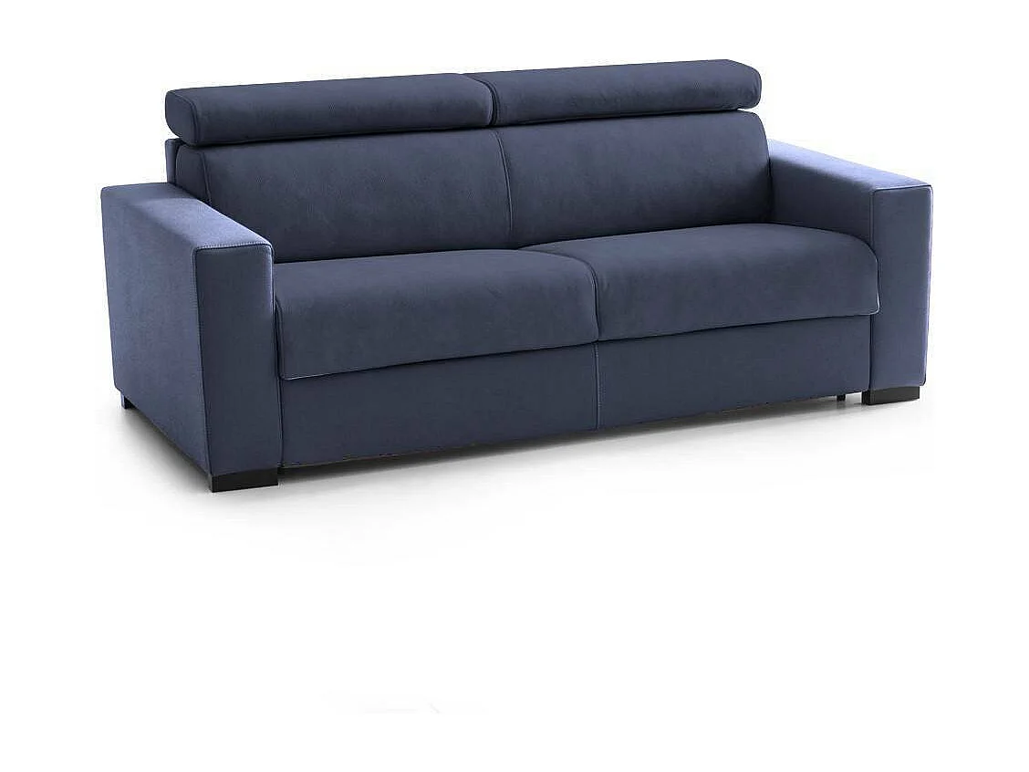 Dmicel vaste bank, 3-zitsbank, 100% Made in Italy, Woonkamerbank, in gewatteerde stof, met verstelbare hoofdsteunen en slanke armleuningen, 200x95h85 cm, Blauw