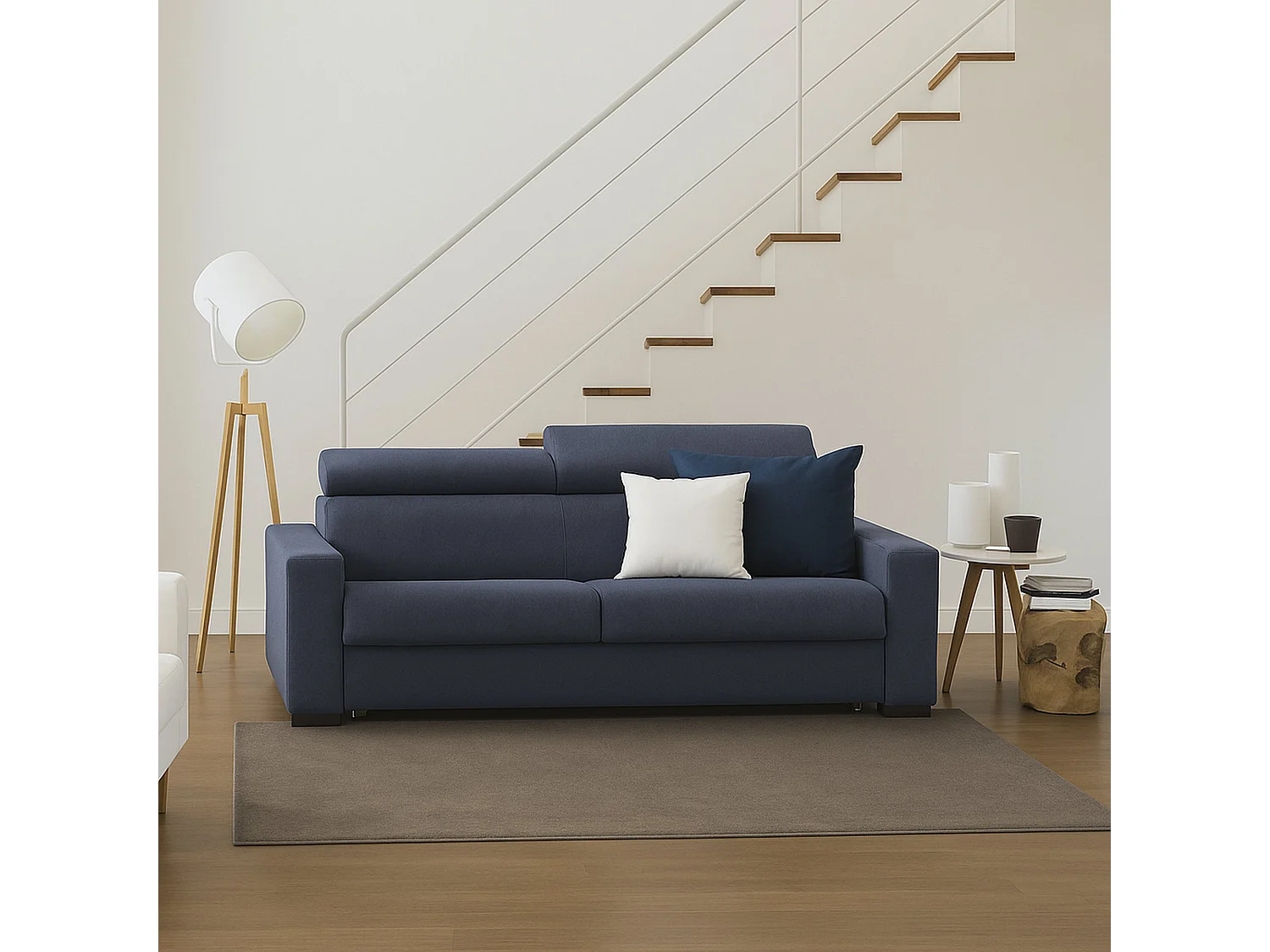 Canapé fixe Dmicel, canapé 3 places, 100% Made in Italy, Canapé de salon, en tissu rembourré, avec appuie-tête réglables et accoudoirs fins, 200x95h85 cm, Bleu