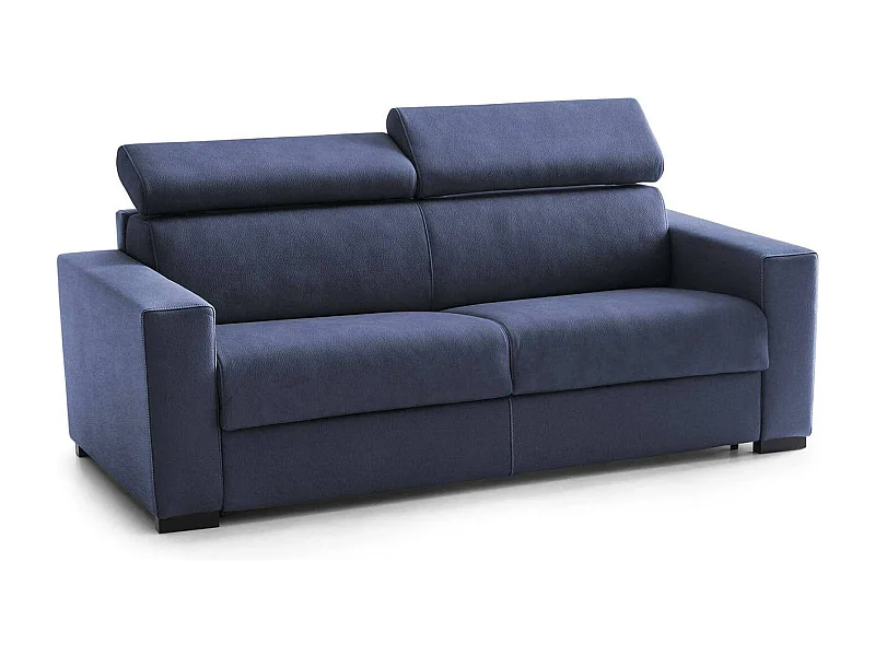 Dmicel vaste bank, 3-zitsbank, 100% Made in Italy, Woonkamerbank, in gewatteerde stof, met verstelbare hoofdsteunen en slanke armleuningen, 200x95h85 cm, Blauw