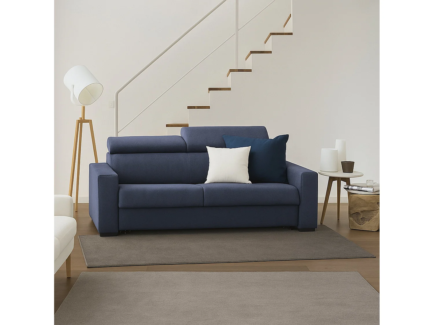Canapé fixe Dpanad, canapé 2 places, 100% Made in Italy, Canapé de salon, en tissu rembourré, avec appuie-tête réglables et accoudoirs fins, 160x95h85 cm, Bleu