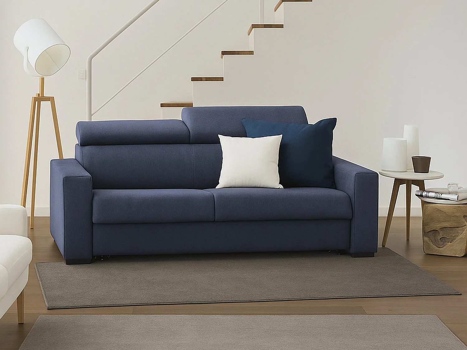 Canapé fixe Dpanad, canapé 2 places, 100% Made in Italy, Canapé de salon, en tissu rembourré, avec appuie-tête réglables et accoudoirs fins, 160x95h85 cm, Bleu