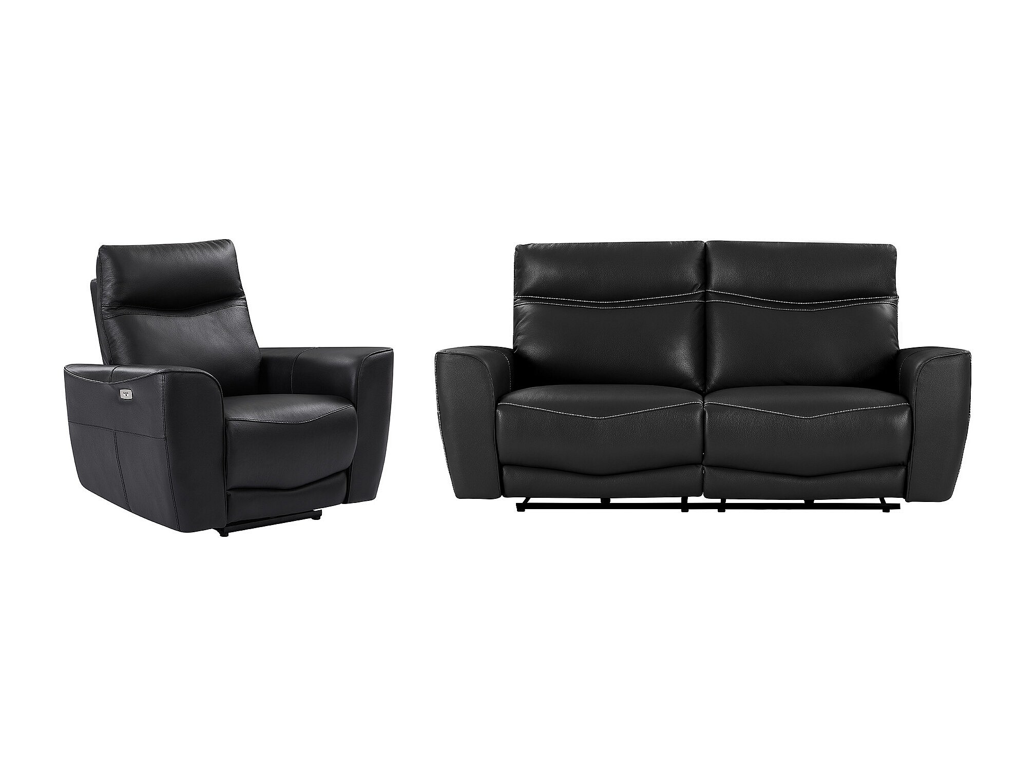 Sofá de 3 plazas y sillón reclinable eléctrico de cuero vacuno negro estilo contemporáneo DAMON
