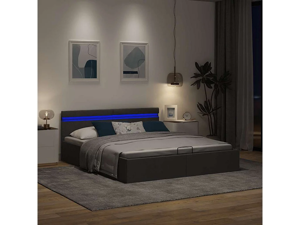 Bedframe met opbergruimte en LED stof donkergrijs 180x200 cm