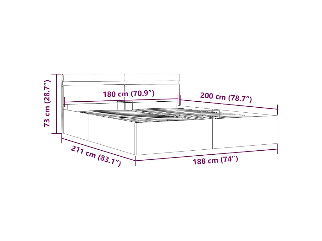 Cama hidráulica c/ arrumação LED 180x200cm tecido cinza-escuro