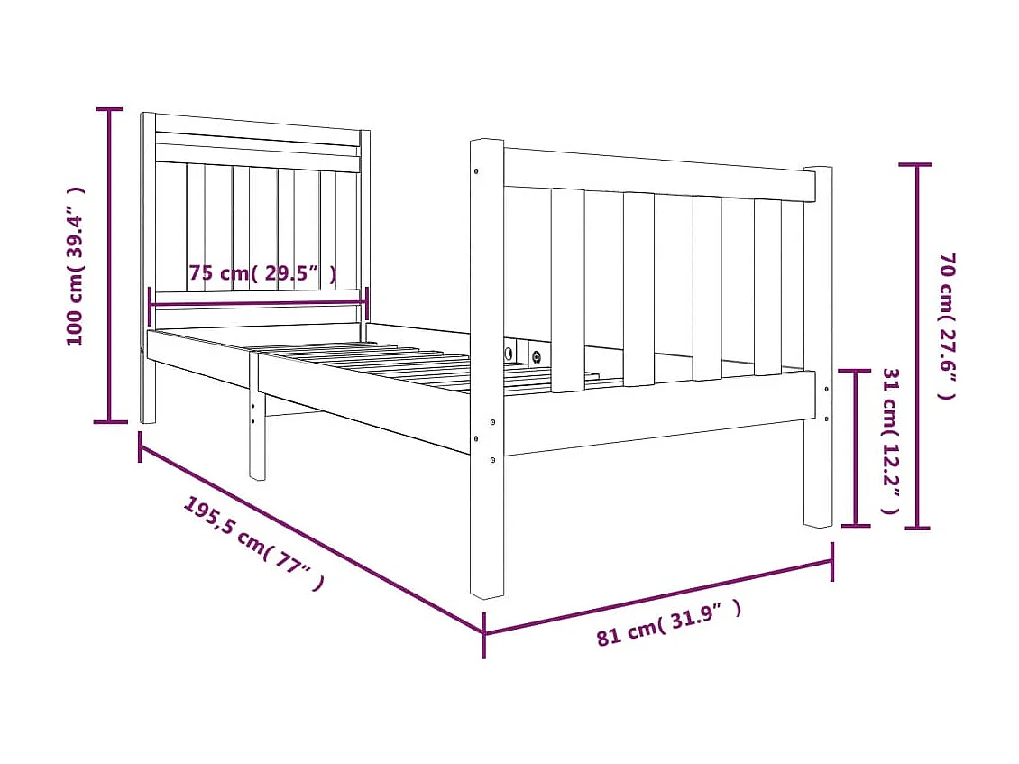 Bedframe massief hout 75x190 cm