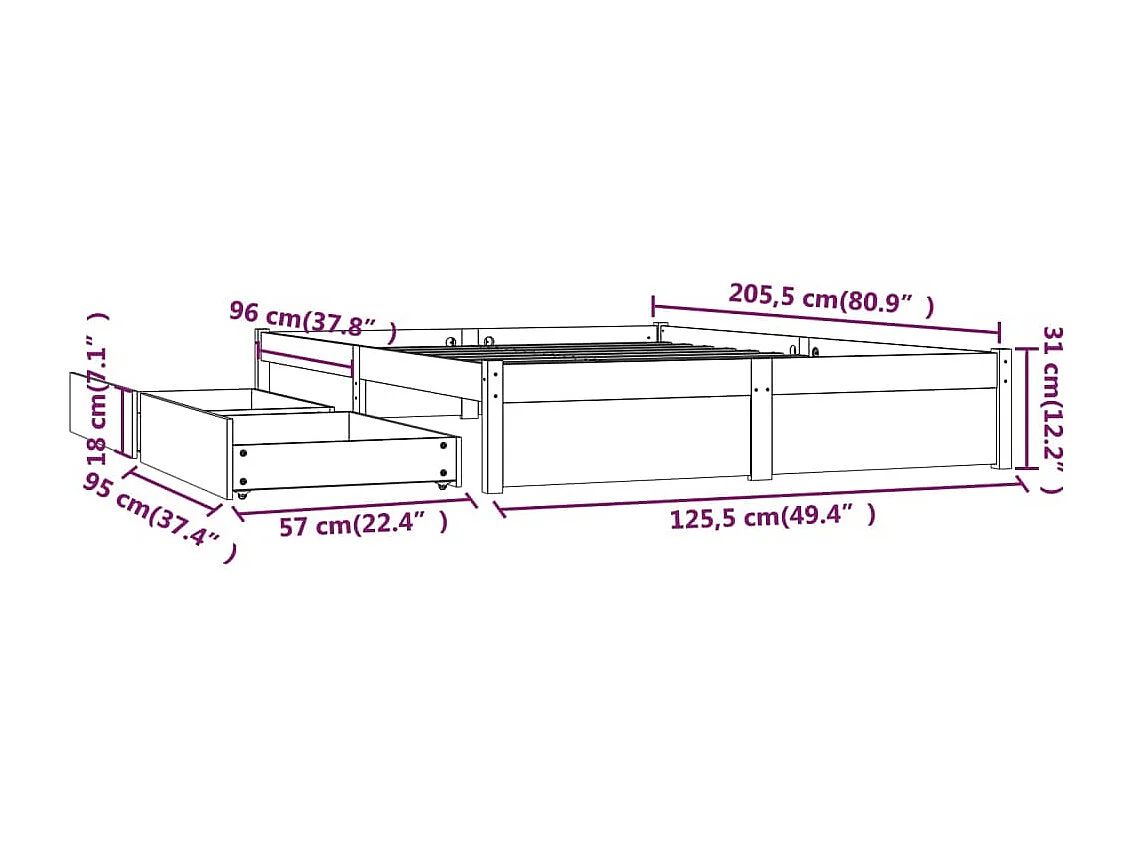 Bedframe zonder matras met lades 120x200 cm