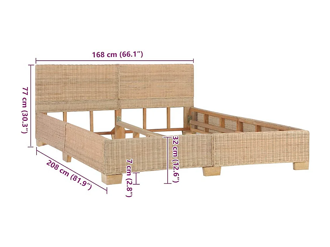 Cama con cabecero sin colchón ratán auténtico 160x200 cm
