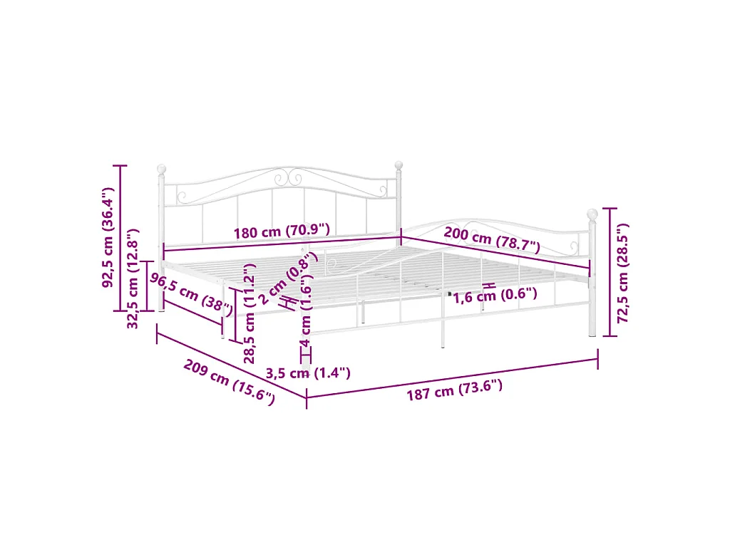 Cadre de lit Blanc Métal 180x200 cm
