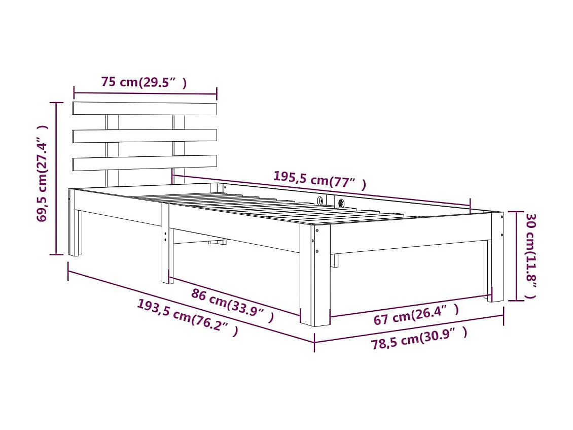 Bedframe massief hout wit 75x190 cm