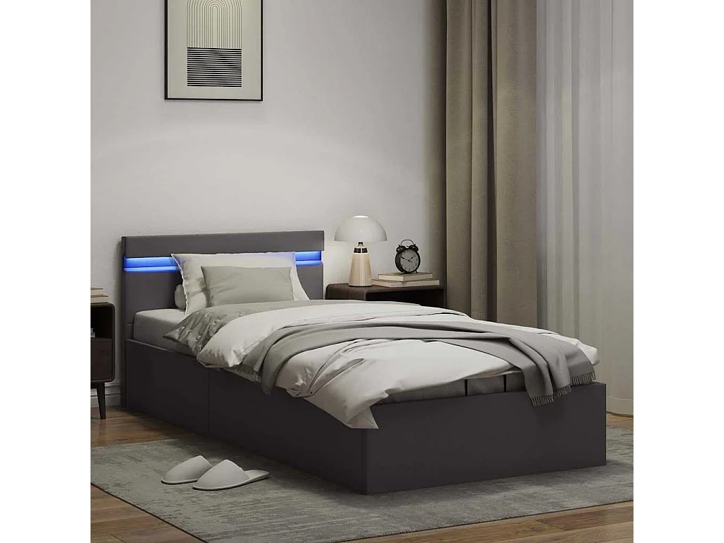 Bett mit Bettkasten Hydraulisch LED Grau Kunstleder 90x200 cm