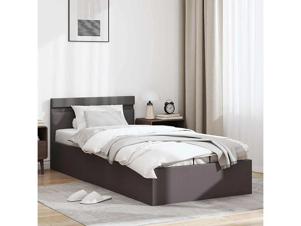 Bedframe met opslag hydraulisch LED kunstleer grijs 90x200 cm