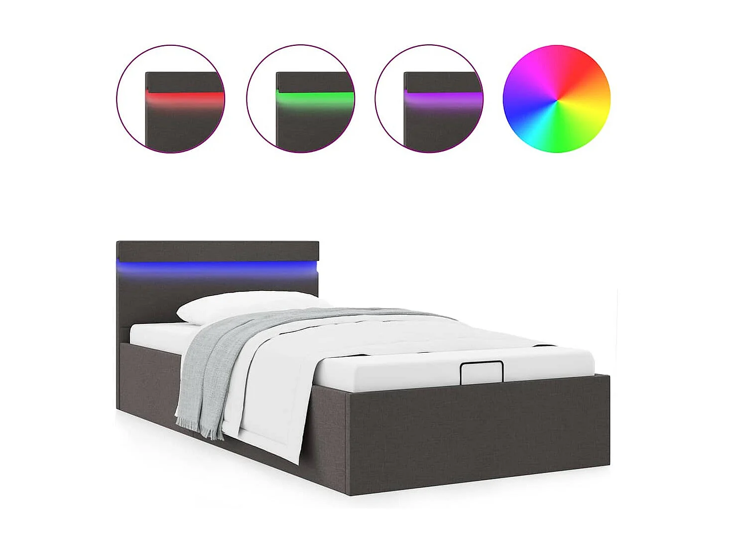 Cama hidráulica arrumação c/ LEDs 90x200cm tecido cinza-escuro