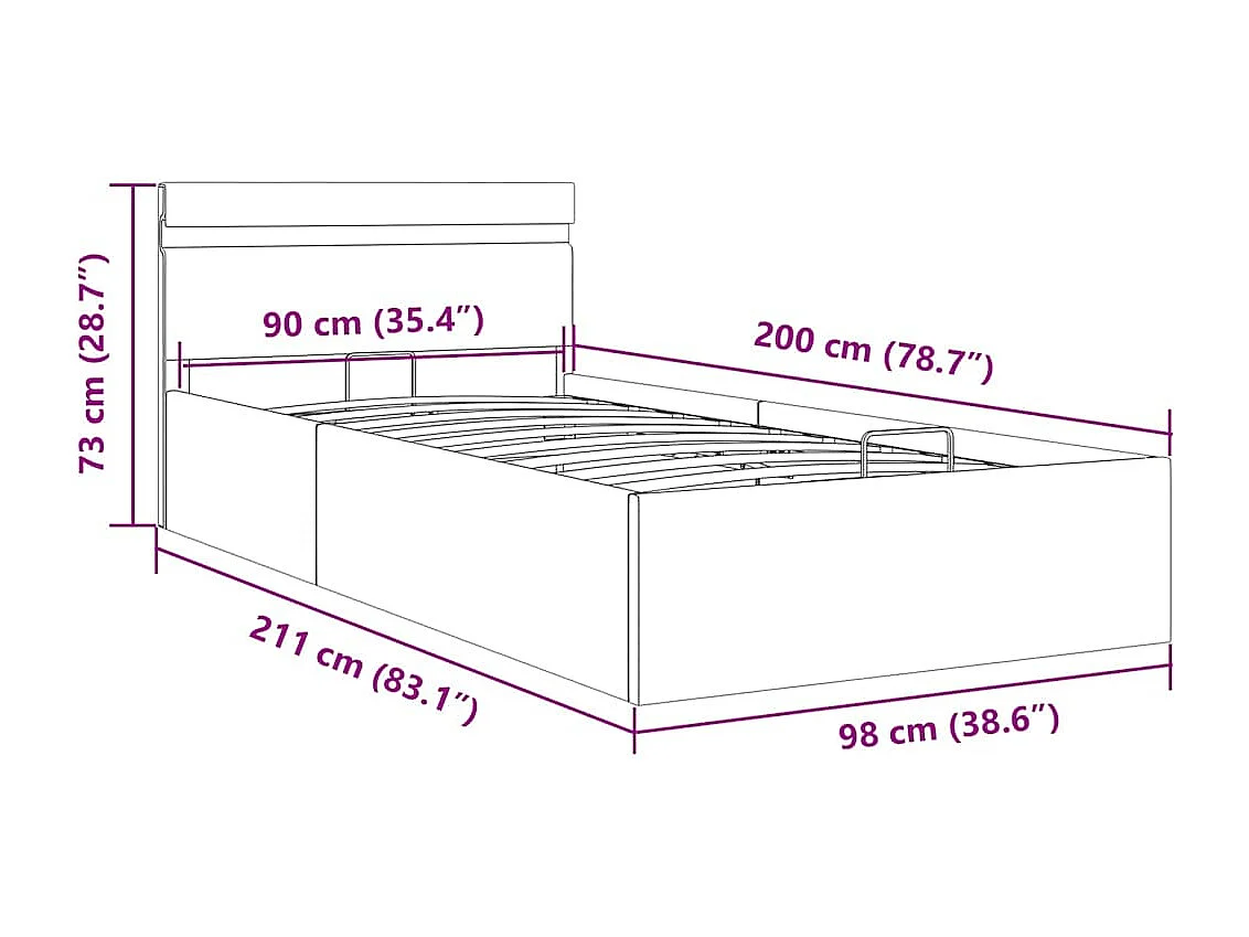 Cama hidráulica arrumação c/ LEDs 90x200cm tecido cinza-escuro