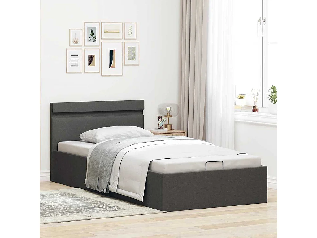 Cama hidráulica arrumação c/ LEDs 90x200cm tecido cinza-escuro