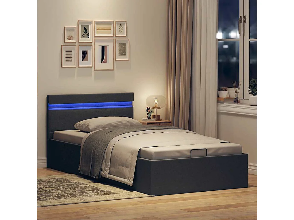 Cama hidráulica arrumação c/ LEDs 90x200cm tecido cinza-escuro