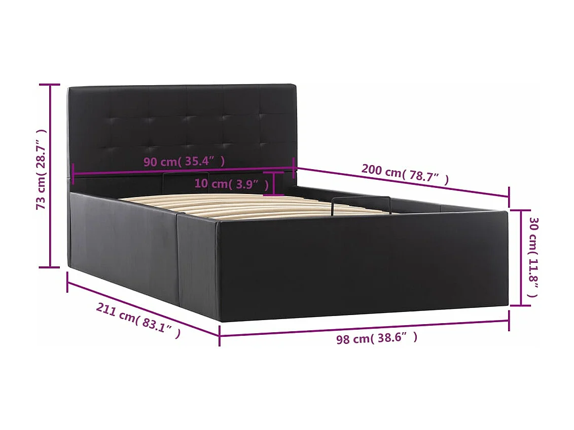 Cama hidráulica c/ arrumação 90x200cm couro artificial preto