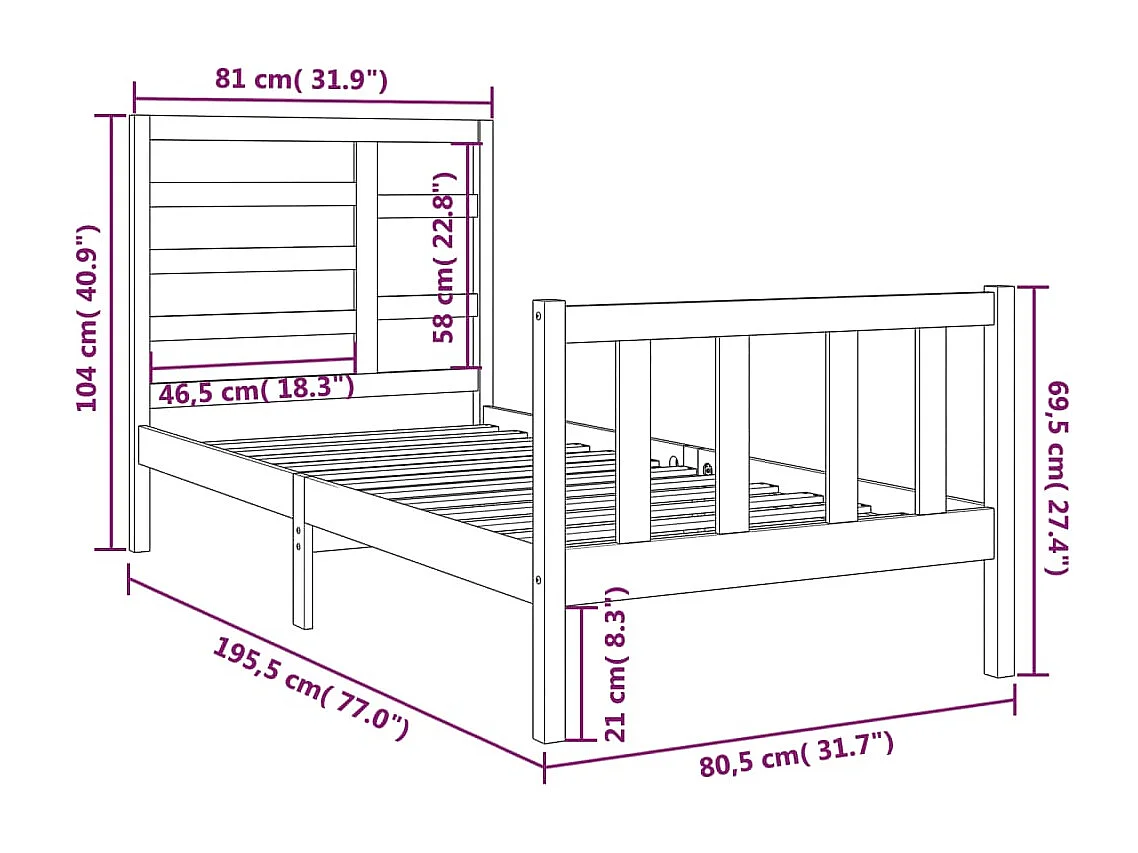 Cadre de lit sans matelas bois massif 75x190 cm