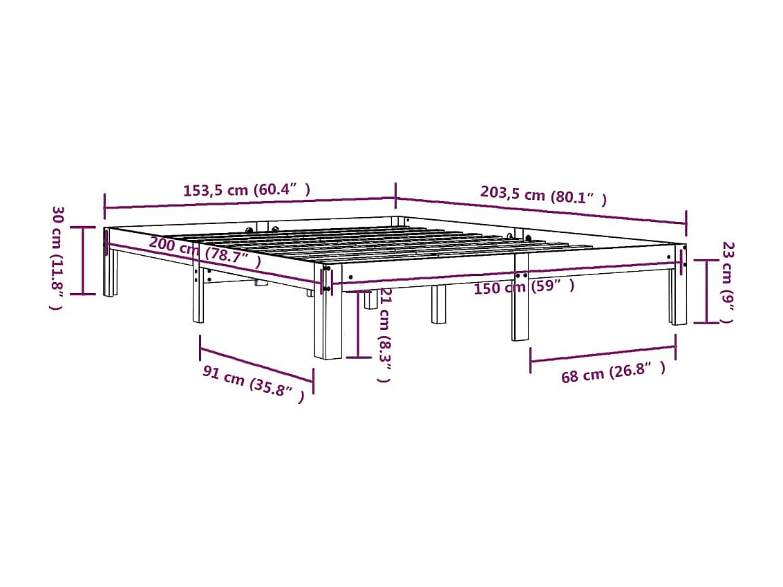 Estructura de cama doble sin colchón madera maciza 150x200 cm