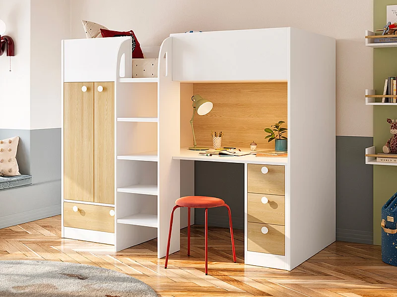 Hochbett mit Kleiderschrank & Schreibtisch - 90 x 190 cm - Weiß & Holzfarben - CINAMO