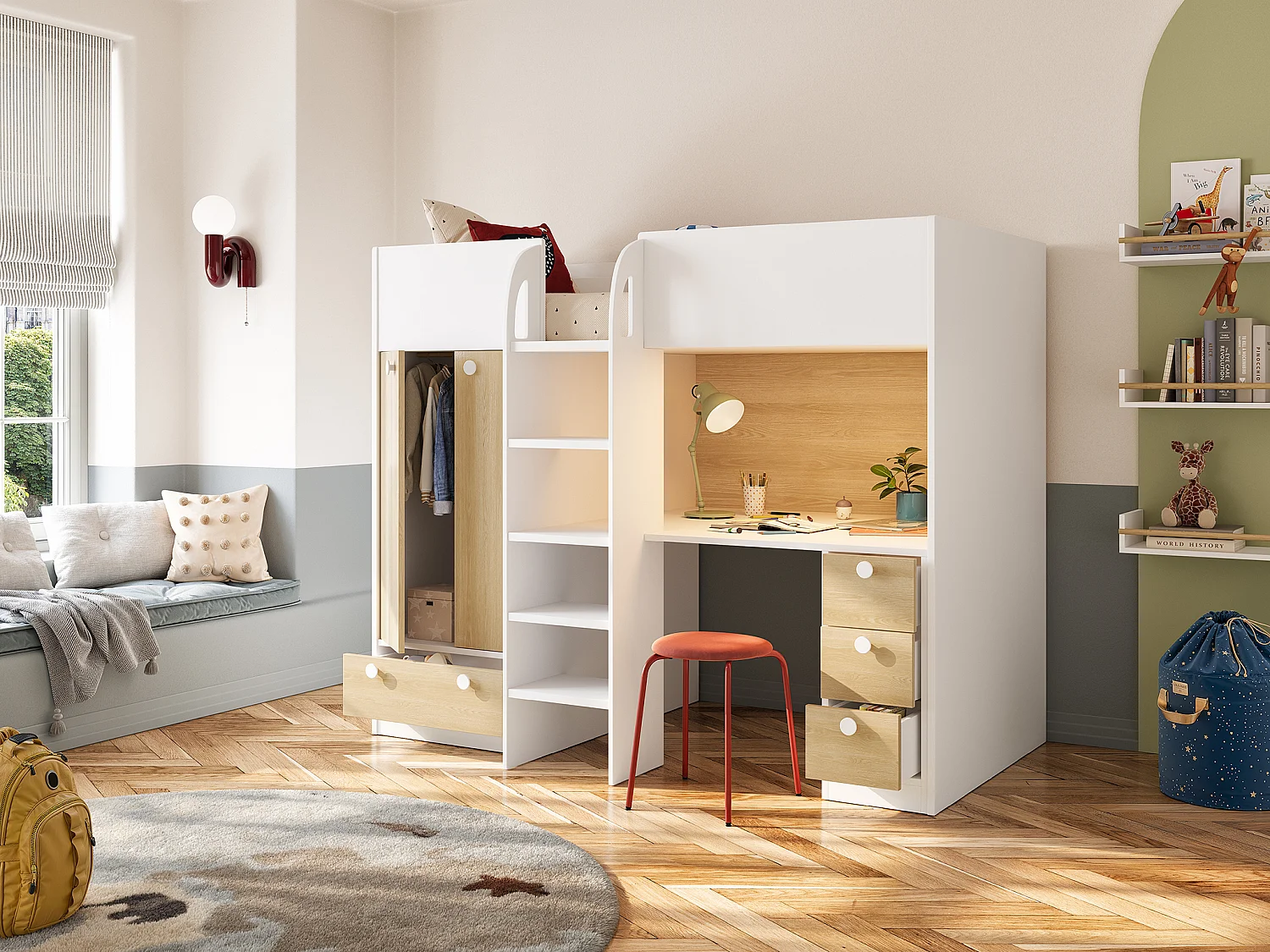 Cama alta 90x190 cm com guarda-roupa e secretária branco e natural - CINAMO