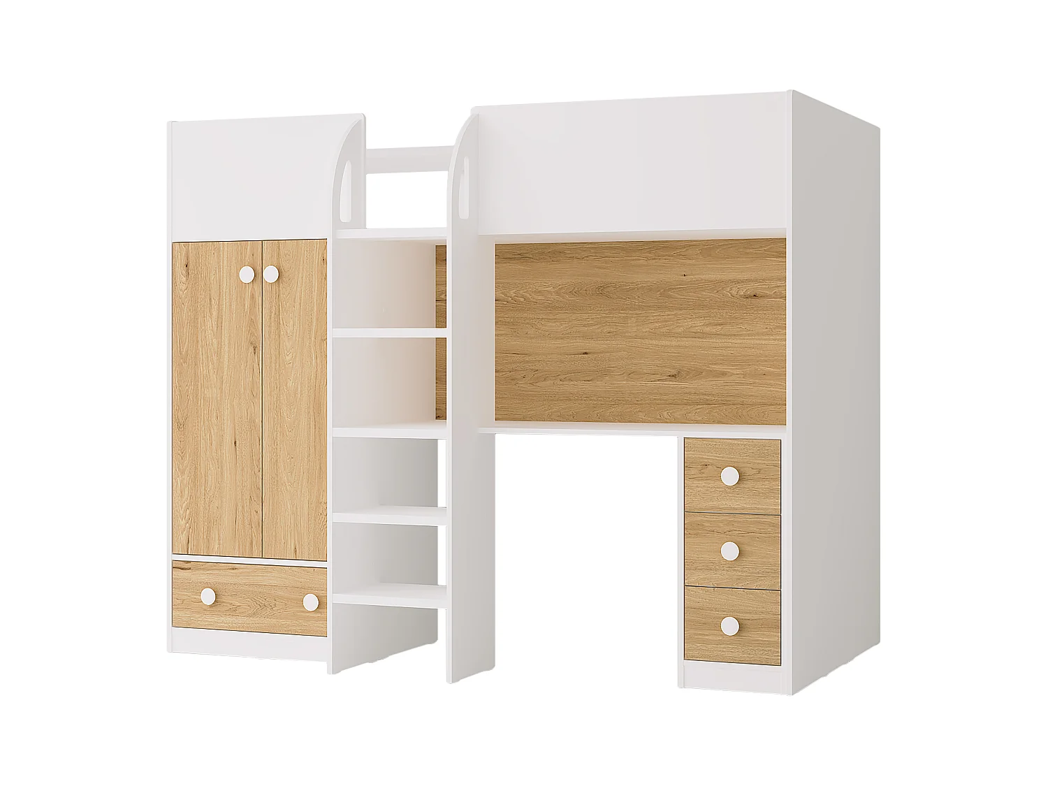 Cama alta 90x190 cm com guarda-roupa e secretária branco e natural - CINAMO
