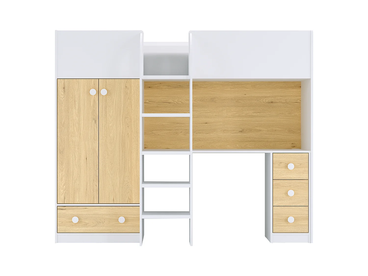 Cama alta 90x190 cm com guarda-roupa e secretária branco e natural - CINAMO