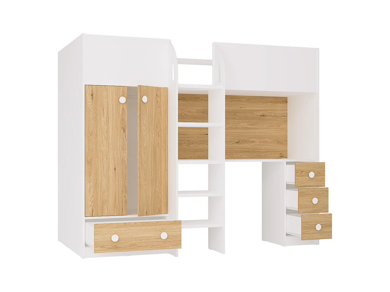 Cama alta 90x190 cm com guarda-roupa e secretária branco e natural - CINAMO