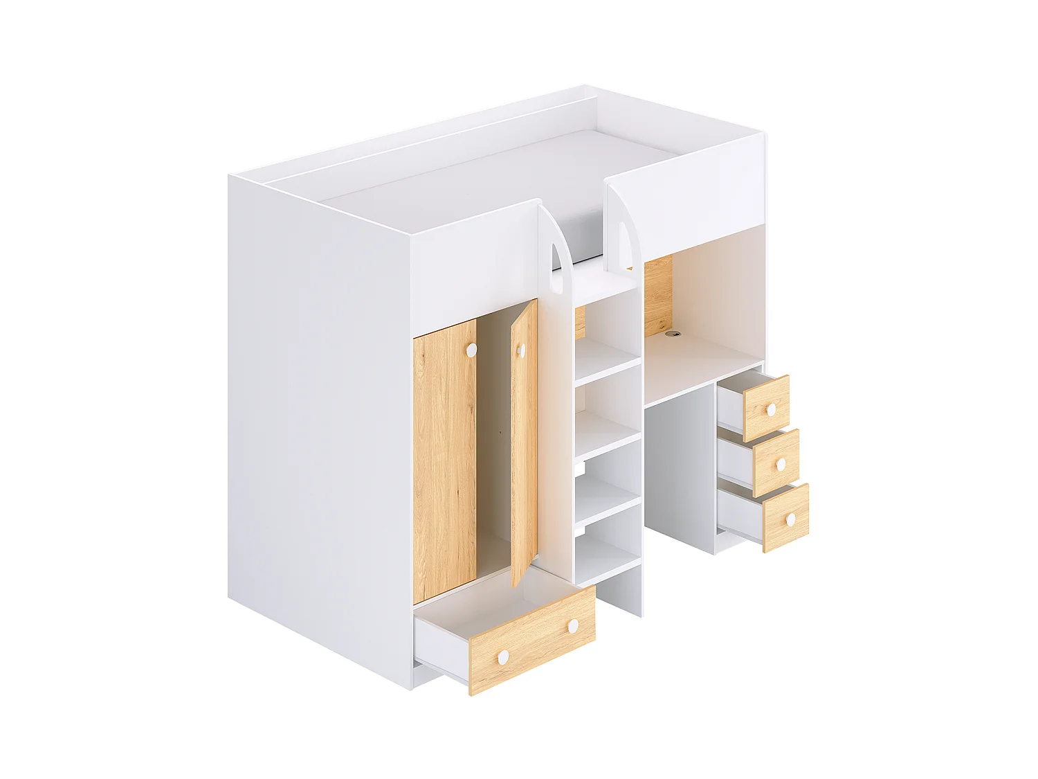 Cama alta 90x190 cm com guarda-roupa e secretária branco e natural - CINAMO
