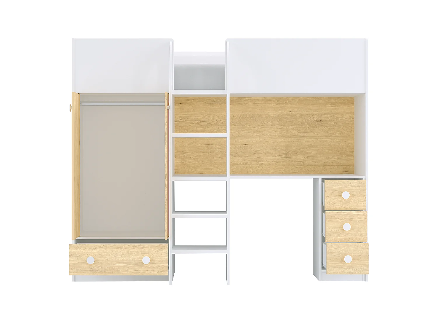 Cama alta 90x190 cm com guarda-roupa e secretária branco e natural - CINAMO