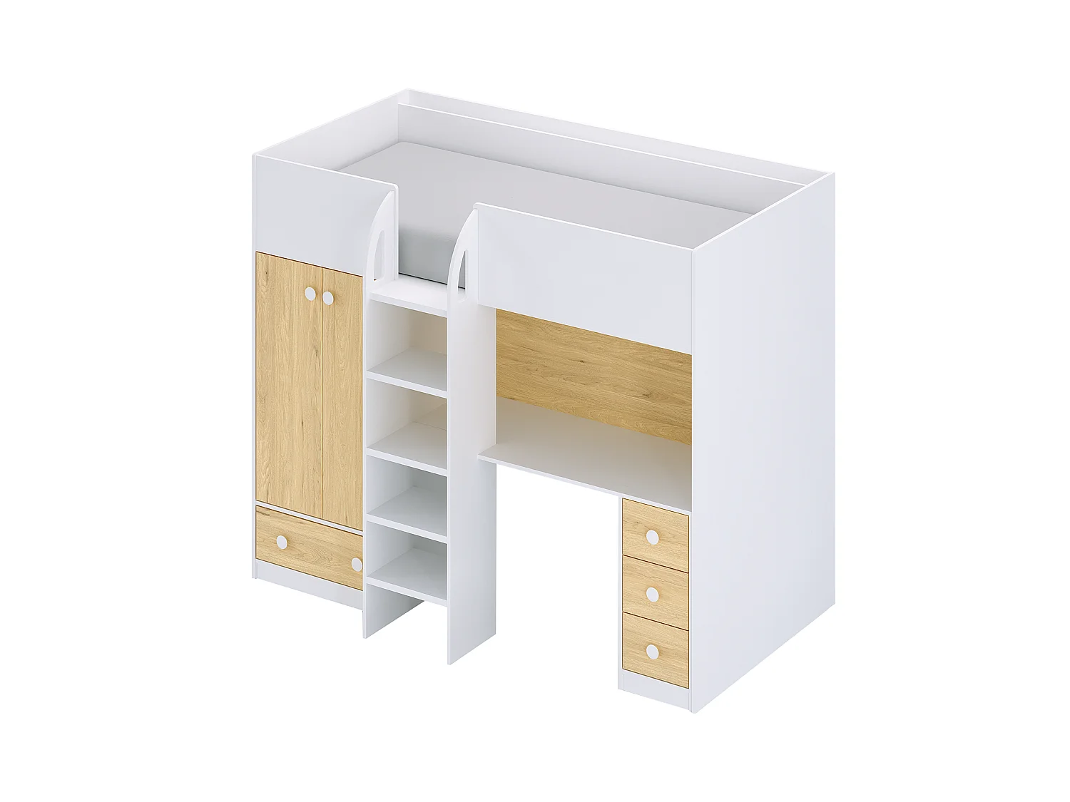 Cama alta 90x190 cm com guarda-roupa e secretária branco e natural - CINAMO