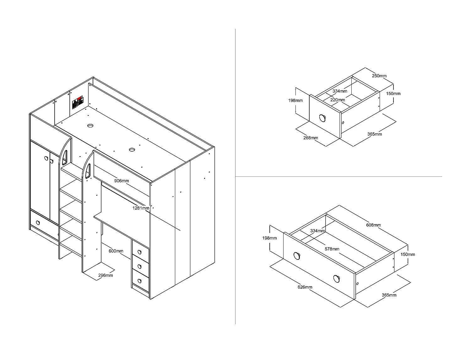 Lit mezzanine  90 x 190 cm avec armoire et bureau - Blanc et naturel - CINAMO