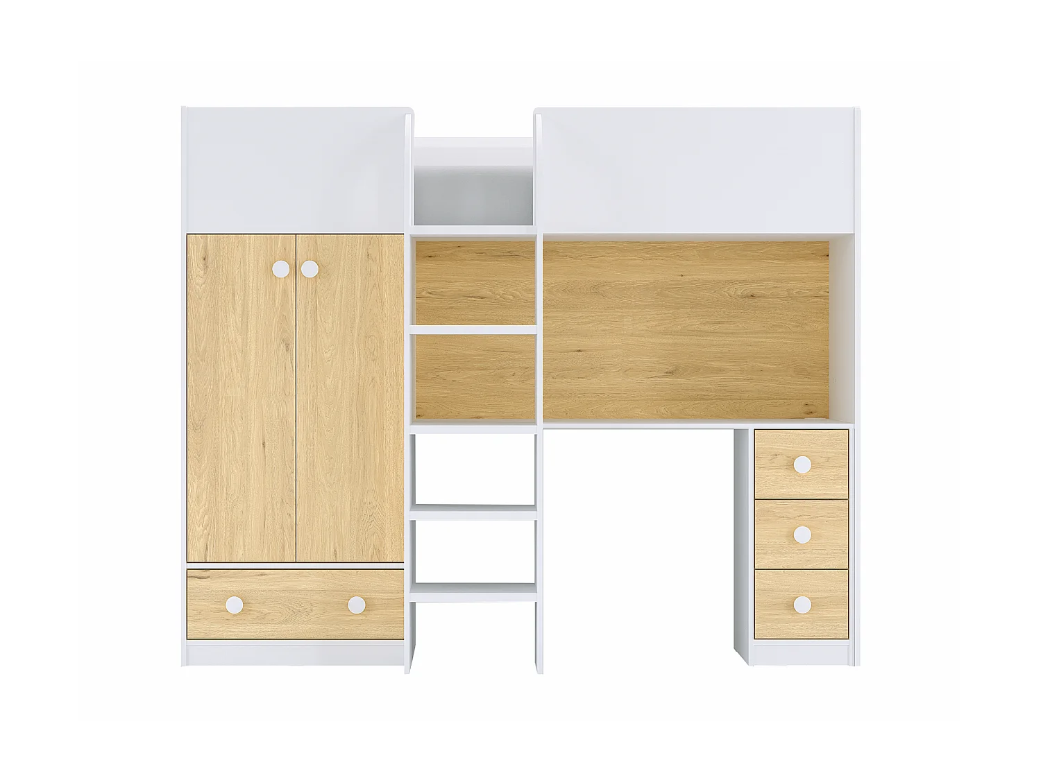 Lit mezzanine  90 x 190 cm avec armoire et bureau - Blanc et naturel - CINAMO