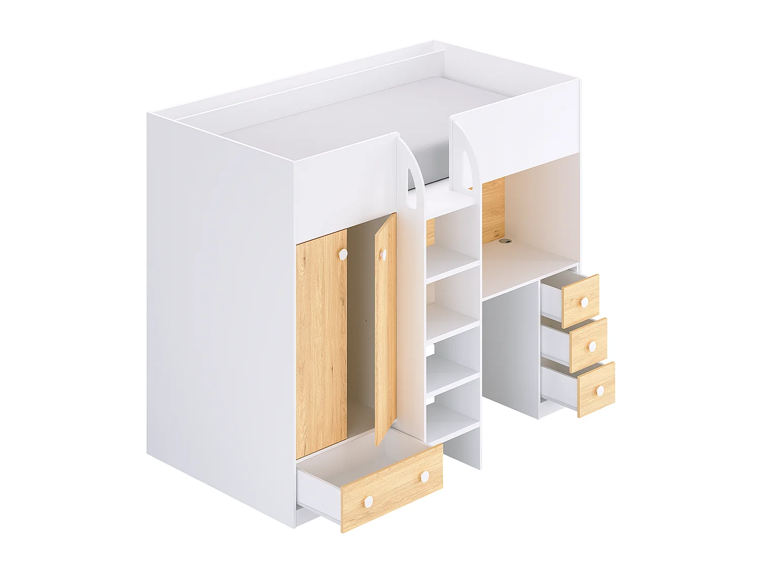 Lit mezzanine  90 x 190 cm avec armoire et bureau - Blanc et naturel - CINAMO