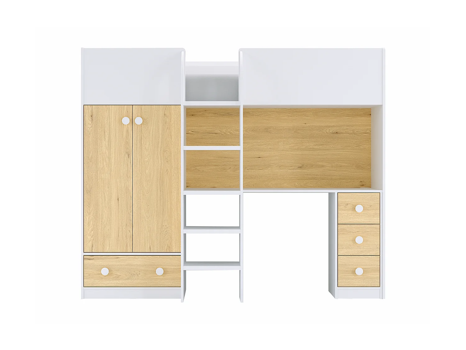 Cama alta 90x190 cm com guarda-roupa e secretária branco e natural - CINAMO
